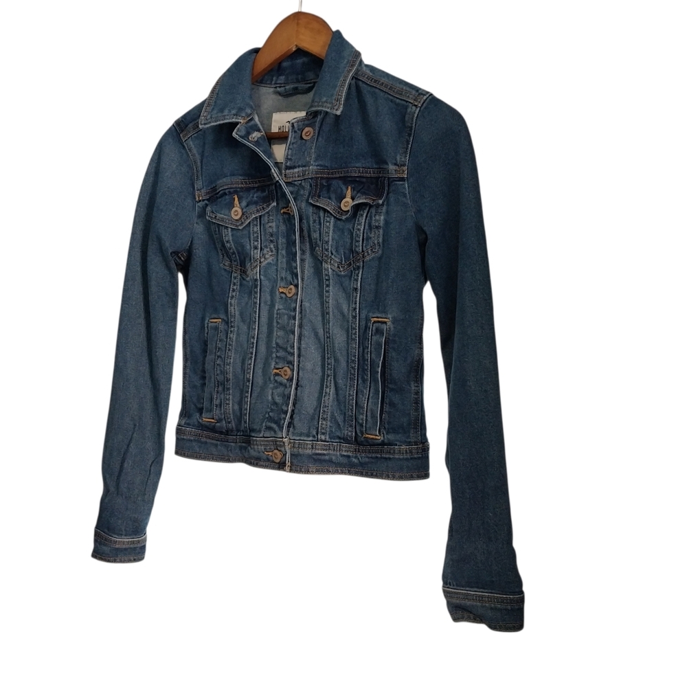 Hollister California Size XS Demin Trucker Blue Jean Jacket Button Long Sleeve - Picture 3 of 10